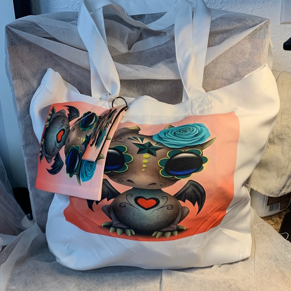 Day Of The Dead Sugar Baby Skull Baby  Dragon  Tote Bag With Matching Pouch Set